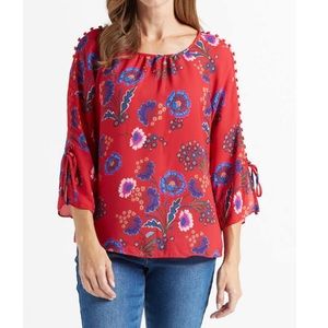 Red floral print boho button top